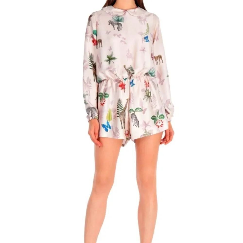 Berna Safari Printed Floral Animals Silk Romper Jumpsuit L - Picture 2 of 11